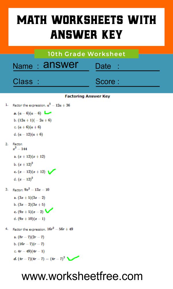 10th Grade Math Worksheets 2 answer | Worksheets Free