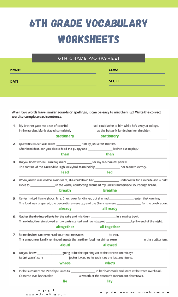 Sixth Grade Vocabulary Worksheets Englishlinx Com Vocabulary