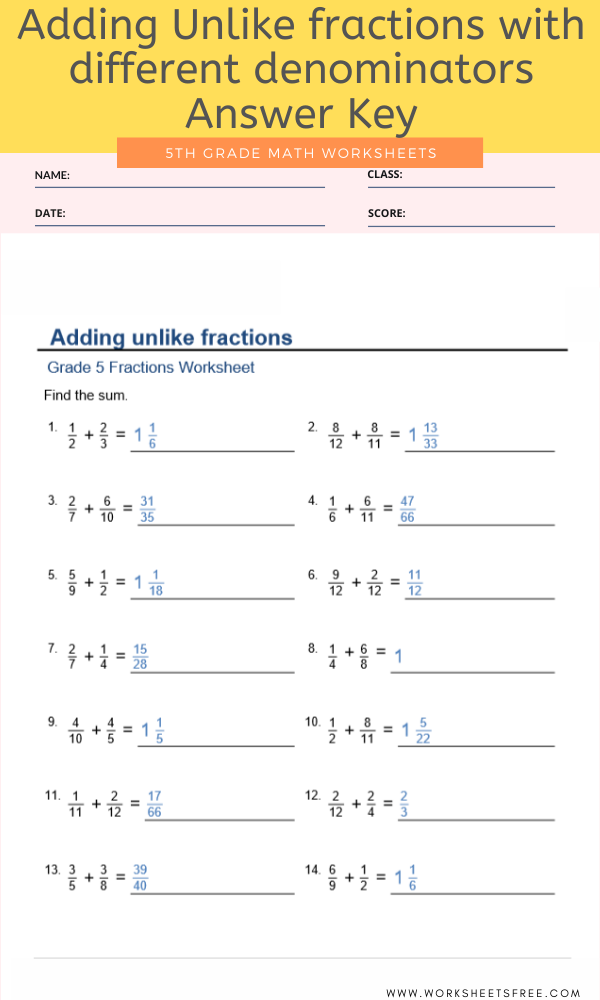adding unlike fractions with different denominators for grade 5 with answer key worksheets free