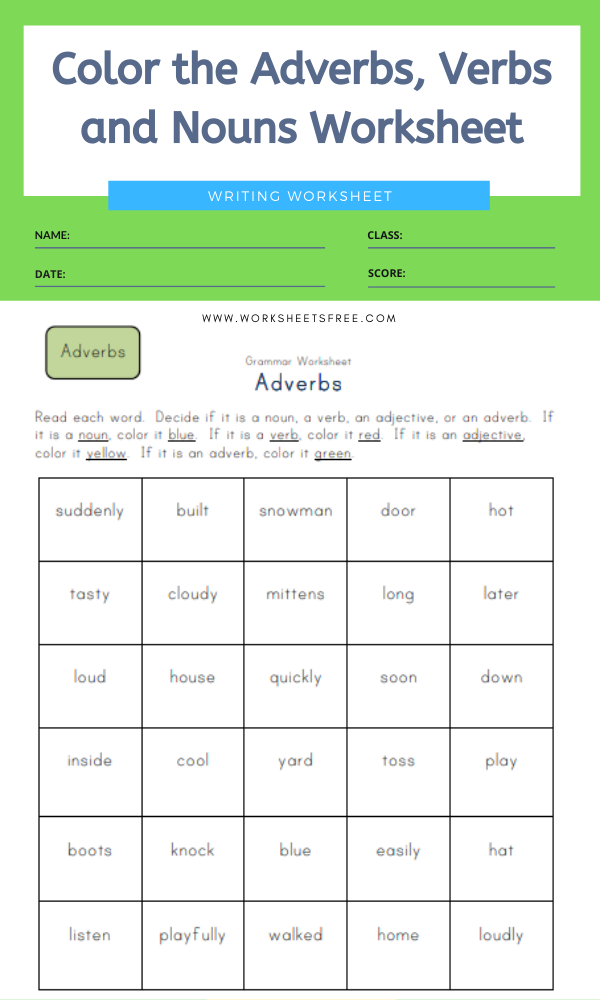 Color The Adverbs Verbs And Nouns Worksheet Worksheets Free