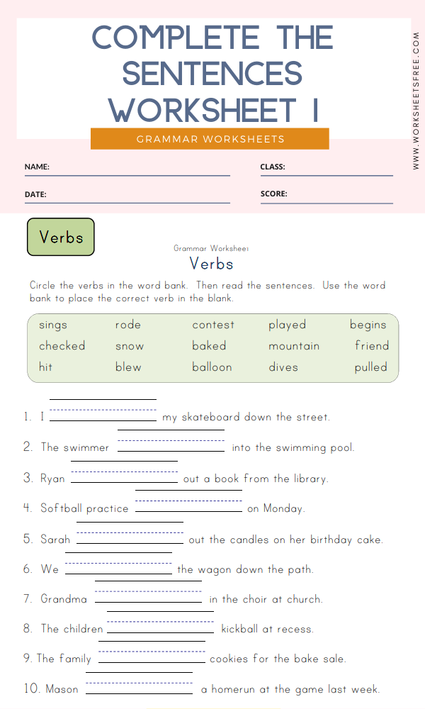 Free Complete Sentences Worksheet Elementary Printable