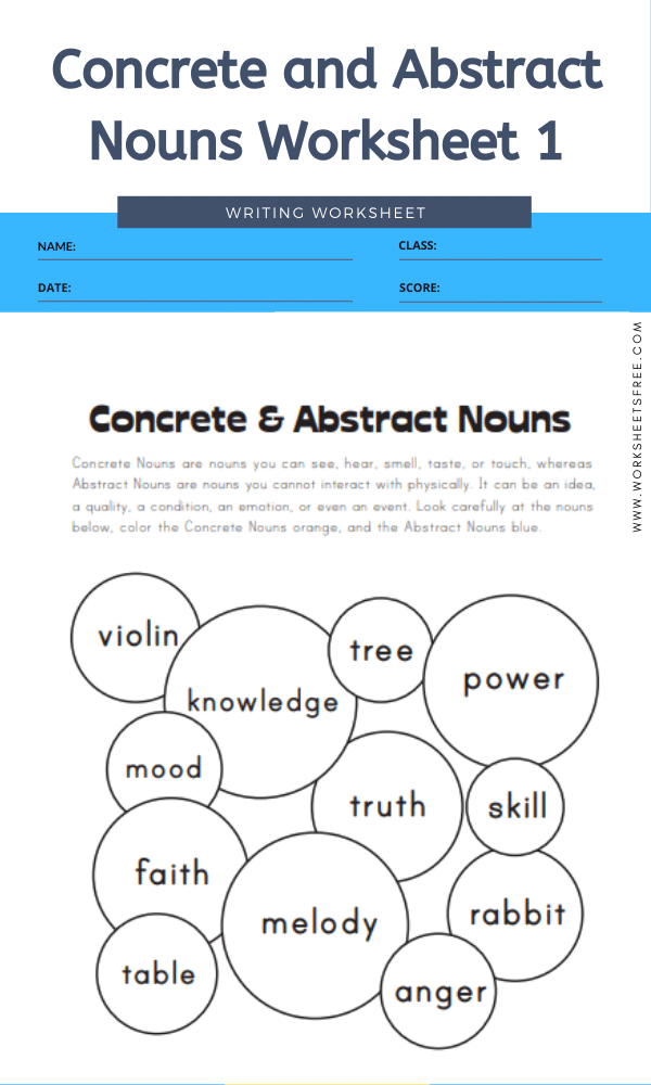 Concrete Abstract Nouns Worksheet High School