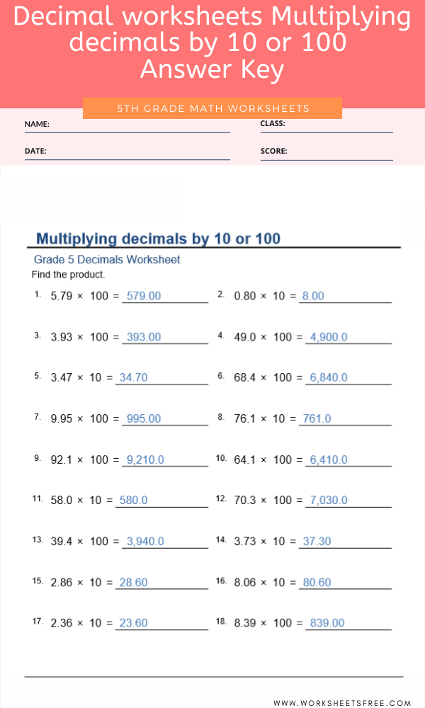decimal worksheets multiplying decimals by 10 or 100 for grade 5 answer key worksheets free