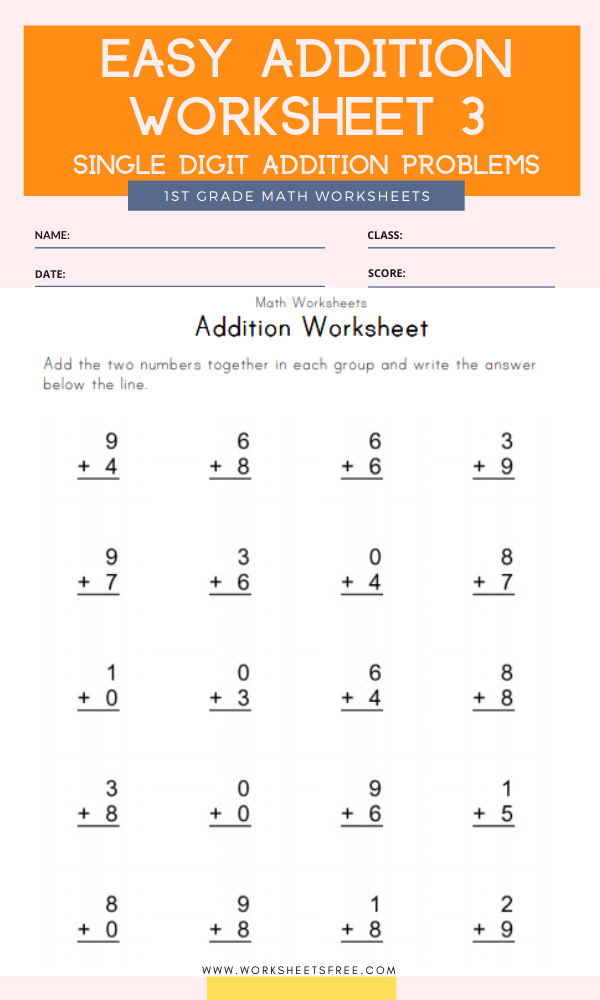 Easy Addition Worksheet 3 Grade 1 Single Digit Addition ...