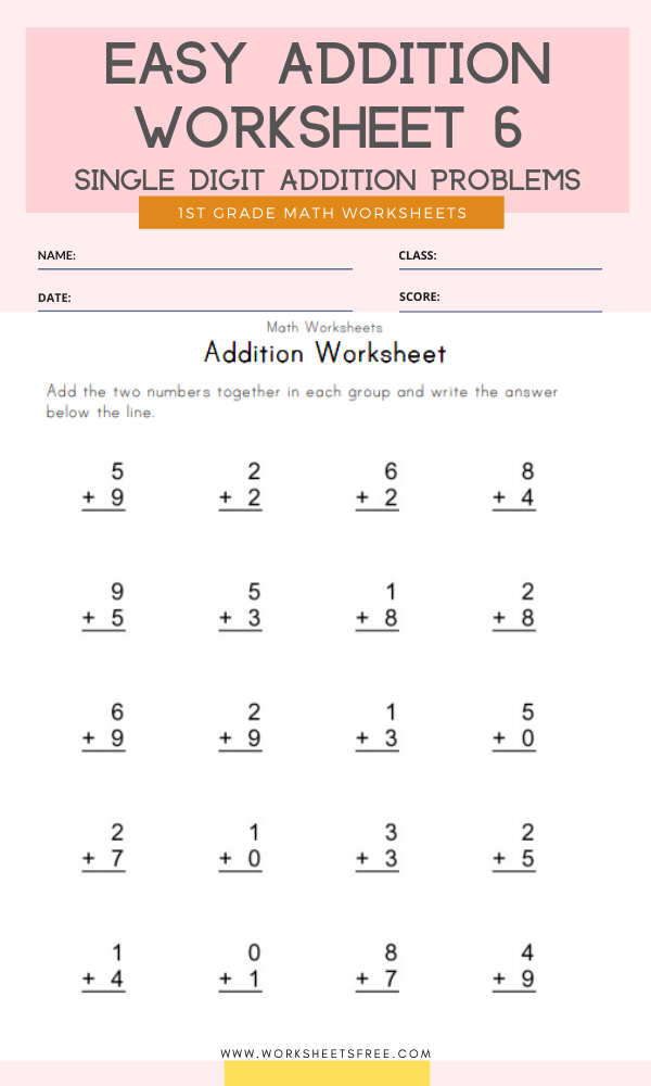 Easy Addition Worksheet 6 Grade 1 Single Digit Addition ...