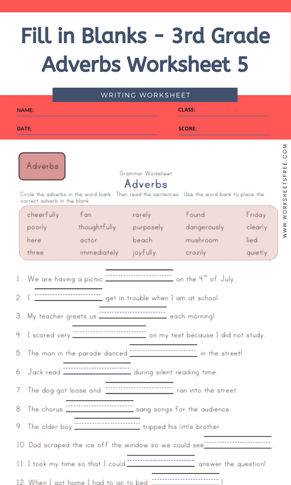 Fill In Blanks 3rd Grade Adverbs Worksheet 5 Worksheets Free