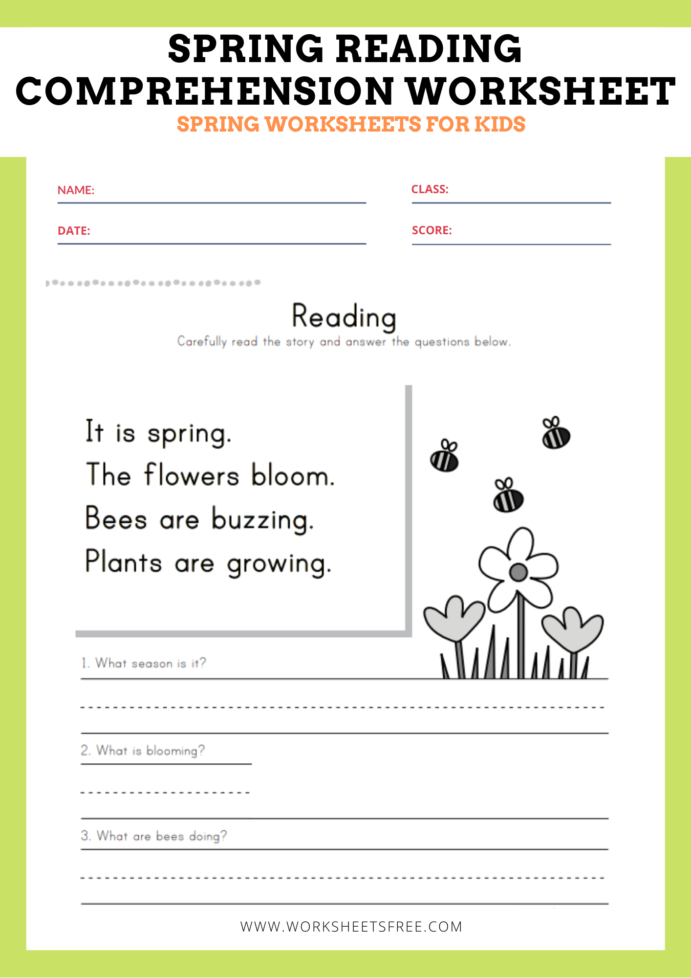 Spring Reading Comprehension Worksheet Worksheets Free
