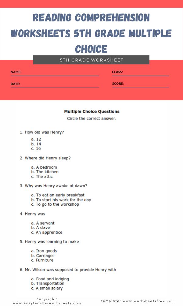 reading comprehension worksheets 5th grade multiple choice 2 worksheets free