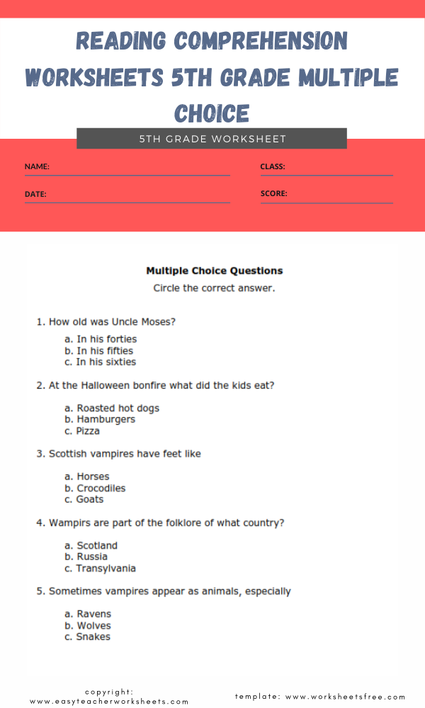  Reading Comprehension Worksheets 5th Grade Multiple Choice In 2023 Worksheets Free
